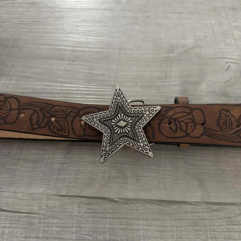 Western Style Brown Floral Embossed Belt with Star Buckle
